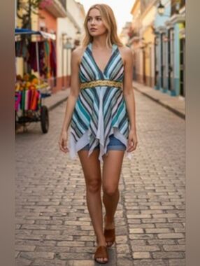 Women's cache Striped Halter Tunic Top Sz 6 Teal White